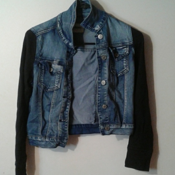 denim jacket with black sleeves